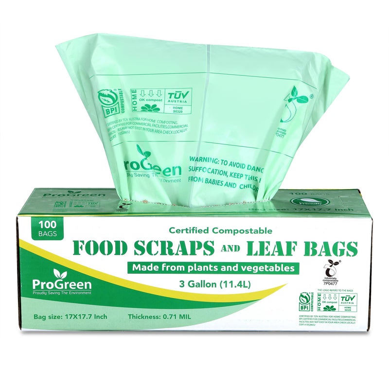 ProGreen Compostable Trash Bags 3 Gallon, Extra Thick 0.71 Mil, 100 Count, Small Kitchen Compost Bin Bags, Food Scraps Yard Waste Bags, Compost ASTM D6400 BPI and TÃœV AUSTRIA Certified - Image 1